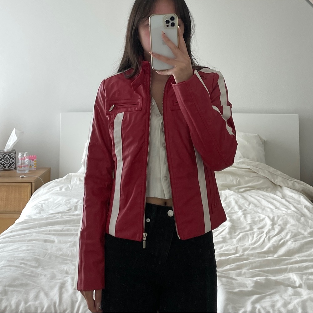 Red faux leather vintage style moto jacket
